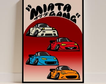 Miata Gang 全世代 ウォールアートプリント、日本のJDMロードスターポスター（デジタルダウンロード）