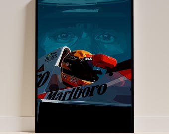 Op de afbeelding: Een digitale illustratie van een raceautocoureur met een helm met het Marlboro-logo op de voorkant van de auto. De ogen van de coureur zijn zichtbaar door het vizier van de helm. De auto is rood, wit en blauw geverfd.