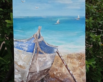 Old boat on the shore seascape acrylic painting on canvas Painting seascapes with boat Wall seascape texture painting marine landscape