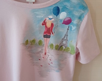 Unique t-shirt Paris urban landscape  hand painted gift women customized clothing original hand painted cloths Eiffel tower t shirt