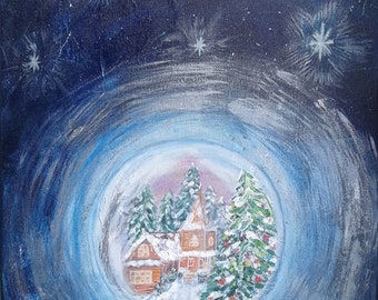 Original acrylic painting Christmas miracle 40x30cm Snowy christmas painting Magic snow ball picture Christmas gifts for parents
