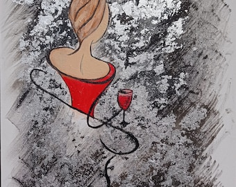 Women's  silhouette acrylic painting 40x30cm Painting woman with glass of wine silver potal Abstraction woman's silhoutte Abstract art woman