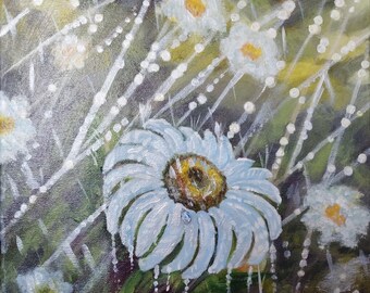 Daisies in the rain Daisy painting Floral original peinture acrylique art Camomile wall art