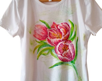 Art t-shirt Tulips for order Hand painted tee floral T shirt Tulip Personalized t shirt floral Customized clothing Pattern t shirt