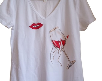 Glass of red wine women  t-shirt T-shirt handmade Original Handpaited gift for women Wine lover's  t-shirt Custom cloths  Size L