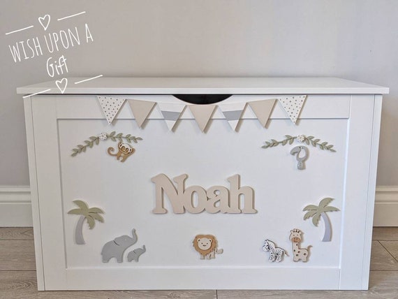 Personalised toy box. Toy storage chest. Safari theme. Boys nursery decor.