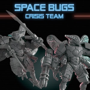 Può includere: Due figure grigie, futuristiche e insettoidi con armi, su sfondo scuro. Le figure sono corazzate e hanno caratteristiche simili a insetti. Il testo in alto recita "SPACE BUGS CRISIS TEAM". L'immagine include un logo Patreon e un indirizzo web.