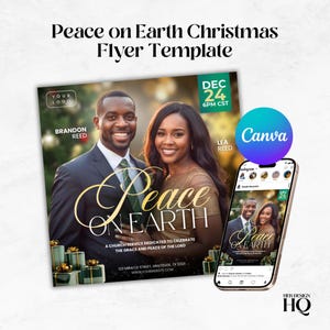 May include: A Christmas flyer template with the words "Peace on Earth" in gold script. The flyer features a smiling couple, the date December 24, and the Canva logo. A smartphone displays the flyer on an Instagram post.