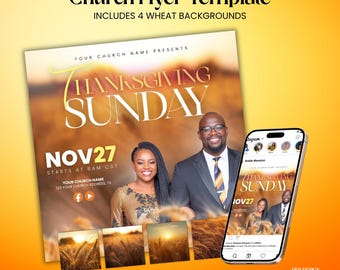 Thanksgiving Sunday Church Flyer Template | Fall Worship (Canva Editable)
