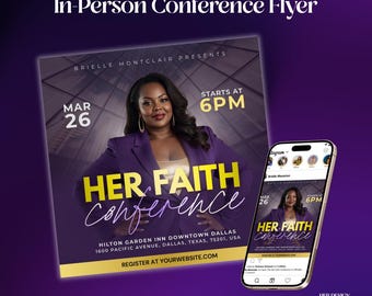 Könnte beinhalten: Werbeflyer und Smartphone-Anzeige für die "Her Faith Conference". Der Flyer zeigt eine Frau in einem lila Blazer mit dem Konferenztitel in Gelb und Weiß. Das Smartphone zeigt das gleiche Design. Die Veranstaltung beginnt am 26. März um 18 Uhr.
