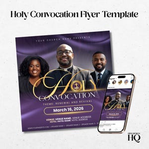 May include: A purple flyer template for a Holy Convocation event. The flyer features images of three people, gold text, and the event date, March 16, 2026. A smartphone displays the flyer on its screen.