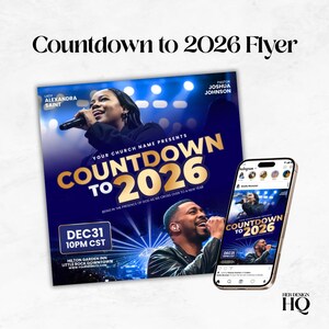 Könnte beinhalten: Ein Werbeflyer und ein Smartphone zeigen die Veranstaltung "Countdown to 2026". Der Flyer zeigt ein blaues und goldenes Design mit Veranstaltungsdetails, einschließlich Datum, Uhrzeit und Ort. Das Smartphone zeigt das gleiche Design in einem Instagram-Beitrag.
