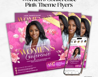 May include: Pink flyers for a Women's Conference, featuring a woman's portrait and floral accents. The flyers include the text "Women's Conference" and event details. A smartphone displays a similar design.