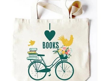 Large Canvas Tote Bag - I Love Books  |  Cute Tote Bags | Carryall | Gifts For Book Lovers