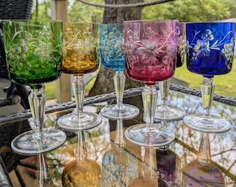 Set of 6 Vintage Bohemian Cut to Clear Crystal Wine Glasses | Jewel Tone Traube Grape Pattern | Mid-Century Hand-Cut Cased Glass Stemware
