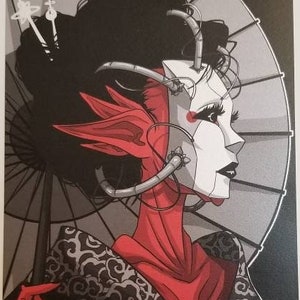 May include: A framed illustration of a woman with red skin and a white mask. She is wearing a black and grey kimono and has a large, grey umbrella behind her. The illustration is in a dark, stylized style.