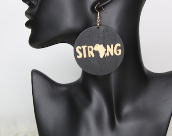 Strong African earring - Wooden Earrings - Dangle Earrings - Afrocentric Earrings - Afro Women Wooden Earrings - Wood Round Earrings