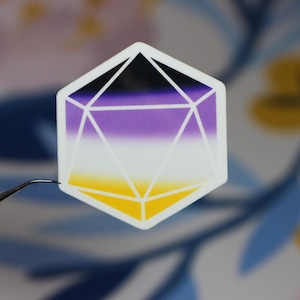 May include: A white sticker in the shape of a geometric solid, featuring a non-binary pride flag design. The flag colours include black, purple, white, and yellow. The sticker is held by tweezers against a floral background.