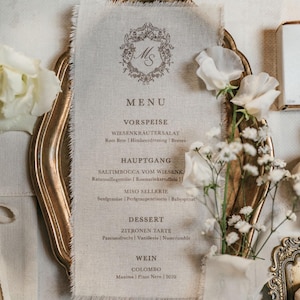 Linen Wedding Menu With Torn Edges, Handmade Fabric Menu Personalized Monogram Reception Table Setting