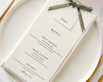 Sage Green Velvet Ribbon Wedding Menu and Place Card, Personalized Menu, Table Decor