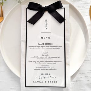 Black Satin Bow Wedding Menu Place Card with Guest Name Tag