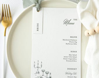 Minimalist Wedding Menu and Place Cards, Event Menu with Sage Green Chiffon Ribbons, LineArt