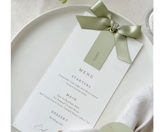 Sage Green Ribbon Wedding Menu, Personalized Dinner Menu Card, Garden Wedding Menu, 400gsm Cardstock