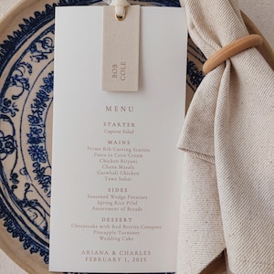 Menu met naamkaartje, trouwmenu, evenementenmenu's, menu's met namen, plaatskaarten inbegrepen, trouwkaart met lint