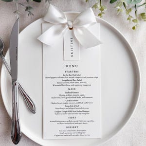 Wedding Menu Card with Satin Bow, Elegant Ribbon Wedding Menu, Personalized Dinner Menu, Minimal Table Setting