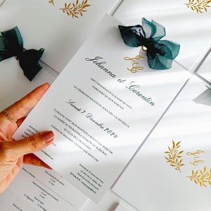 Inviti di nozze, inviti di nozze di lusso, carta pregiata color avorio, inviti con stampa dorata, biglietti d'invito con nastro verde