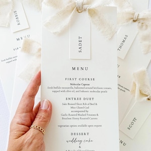 Tarjeta de menú con cinta de lino, Menú con tarjeta de lugar, Menú de boda, Menús para eventos, Menús con nombre, Tarjetas de lugar incluidas