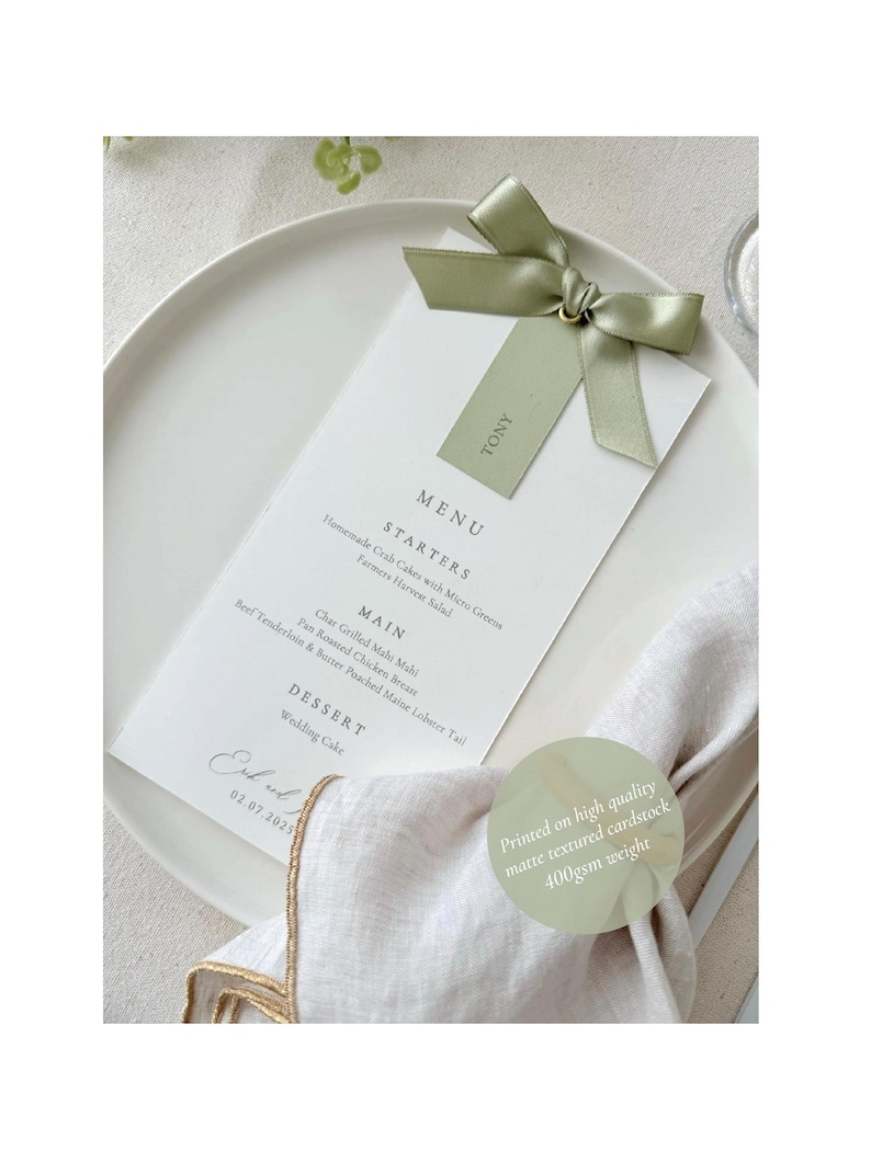 Sage Green Ribbon Wedding Menu, Personalized Dinner Menu Card, Garden ...