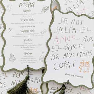 Menú de borde ondulado, Menú de boda, Menús para eventos, Menú con borlas, Menú de boda elegante,