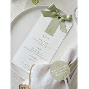 Sage Green Ribbon Menu, Menu with Place card, Wedding Menu, Menus with Names, Place Cards Included, Wedding Invitation with Ribbon