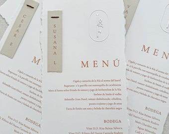 Wedding Menu Card, Hand Torn Wedding Menu with Embossed Monogram, Personalized Name Tag