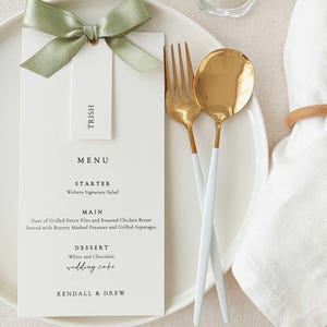 Sage Green Ribbon Wedding Menu, Place Card, Dinner Menu, 400 gsm Cardstock, Customized Cards