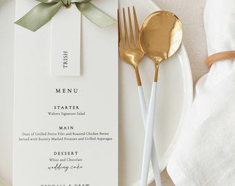 Sage Green Ribbon Wedding Menu, Place Card, Dinner Menu, 400 gsm Cardstock, Customized Cards