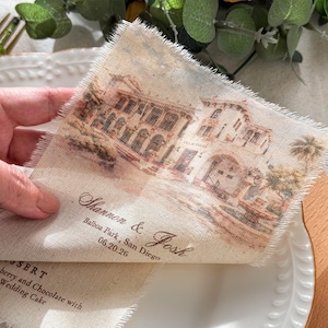 Linen Wedding Menu Card with Venue Illustration, Fabric Wedding Menu, Personalized 100% Cotton Menu