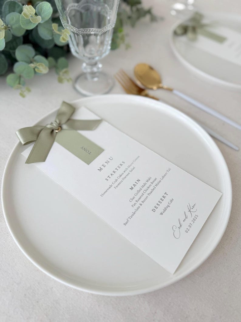 Sage Green Ribbon Wedding Menu, Personalized Dinner Menu Card, Garden ...