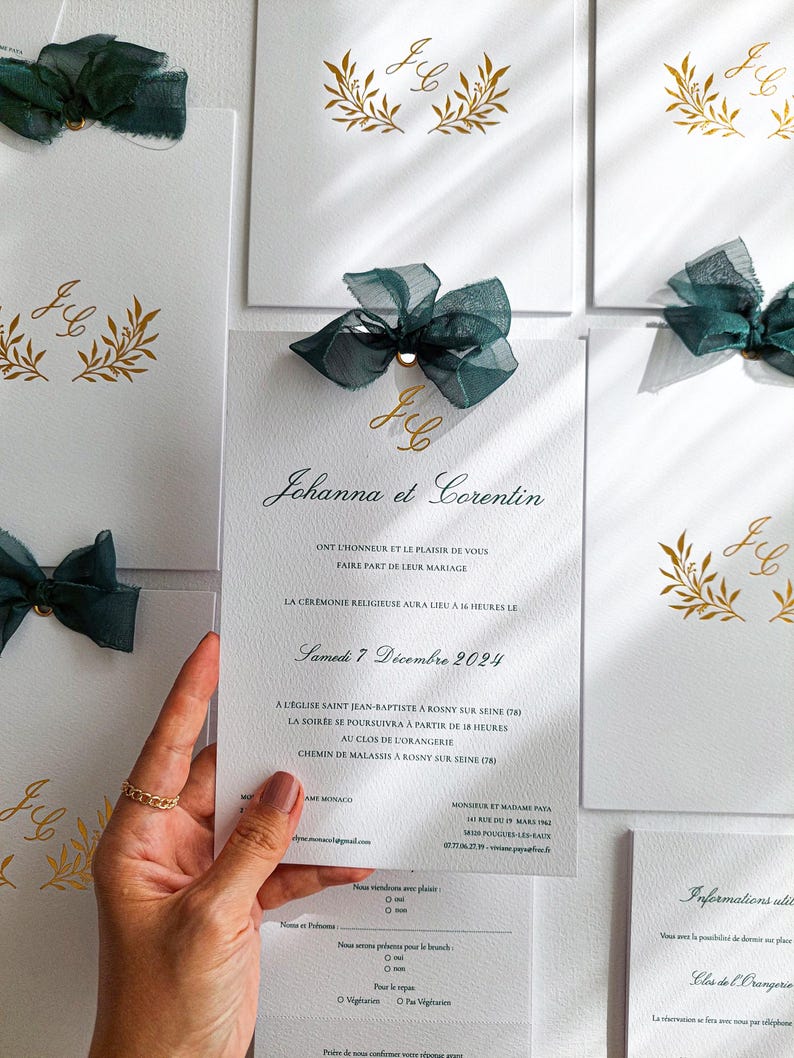 Luxury Wedding Invitations: Ivory Paper, Golden Print, Green Ribbon - Etsy