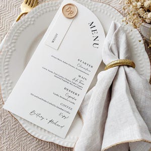 Menú de medio arco, tarjetas de ubicación incluidas, menú de boda con arco impreso, menú de boda, menú minimalista, menú con tarjeta de nombre, menú con sello de cera