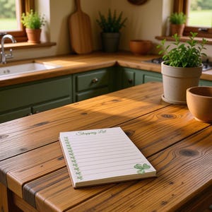 May include: A rectangular notepad with a white cover featuring the text Shopping List in green script at the top. The page includes horizontal lines for writing, a vertical border of small green shamrocks on the left, and a single shamrock in the corner.