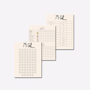 May include: A printable 75 Soft Challenge tracker with a grid of circles to mark off days, a weekly tracker with sections for daily habits, and a measurement tracker for tracking progress.