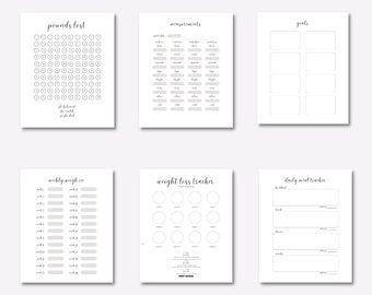 Blank Printable Weight Loss Tracker.  Weekly Weigh In, Measurement Tracker, Goals, Daily Meal Tracker. Weight Watchers, Slimming World.