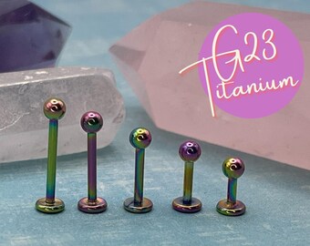Rainbow Titanium Labret Bar,  16g 1.2mm G23 in 4mm, 6mm, 8mm, 12mm or 10mm posts,Suitable for Lips,  Labret, Tragus, Cartilage and Ear Lobes