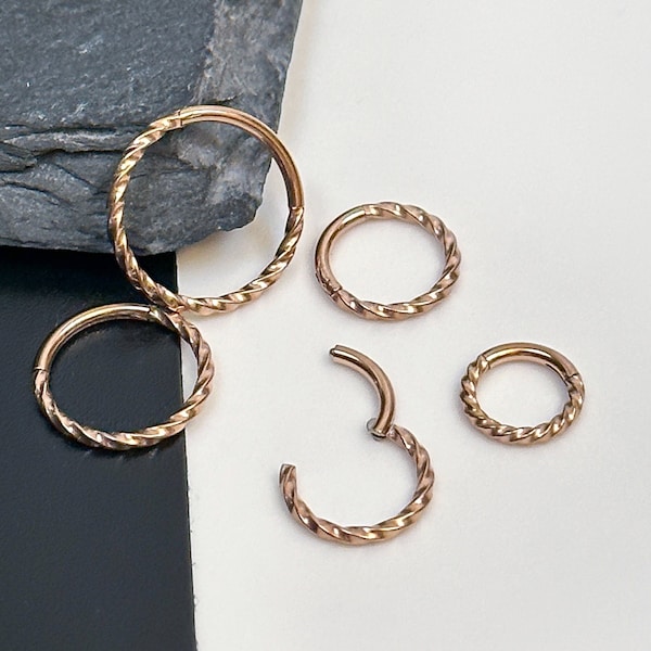 14K Rose Gold Plated Minimal Twisted Septum Ring Stainless Steel - 6mm, 8mm, 10mm or 12mm Septum 16 Gauge 1.2mm Hinged Segment clicker