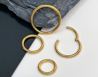 Anneau de septum minimal plaqué or 14 carats, boucle d'oreille, acier inoxydable - Clicker de septum de 6 mm, 8 mm, 10 mm ou 12 mm Clicker segment articulé de 1,2 mm de calibre 16