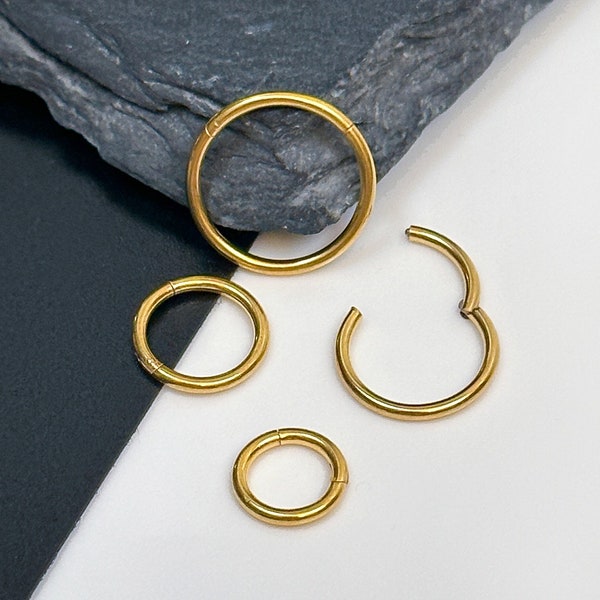 Anneau de septum minimal plaqué or 14 carats, boucle d'oreille, acier inoxydable - Clicker de septum de 6 mm, 8 mm, 10 mm ou 12 mm Clicker segment articulé de 1,2 mm de calibre 16