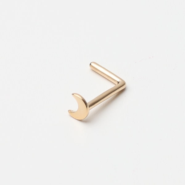 14K Solid Gold Nose Stud Moon,  L Shaped Nose Jewelry, Tiny Nose Stud, Small Nose Stud, Dainty Nose Ring, Nose Piercing Ring 20G 0.8mm