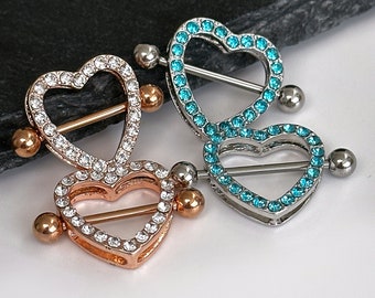 Stunning jewelled heart shaped nipple bars in rose gold and blue 316L steel Heart Nipple Jewelry Nipple Piercing Heart Nipple Barbell